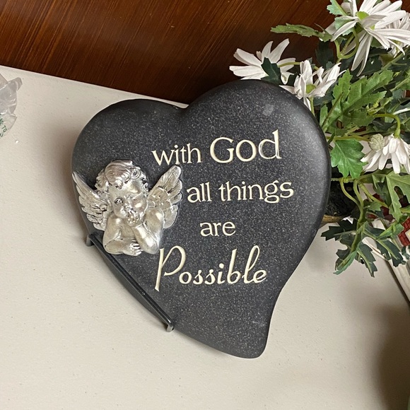 Vintage Other - heart with silver cherub figure - With God all things are Possible